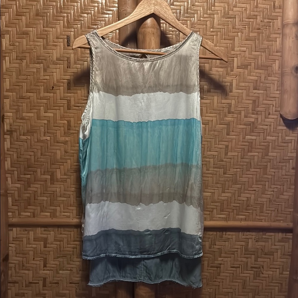 Hard Tail Tie Dye Striped Satin Sleeveless Top - Blue, Gray, White XL